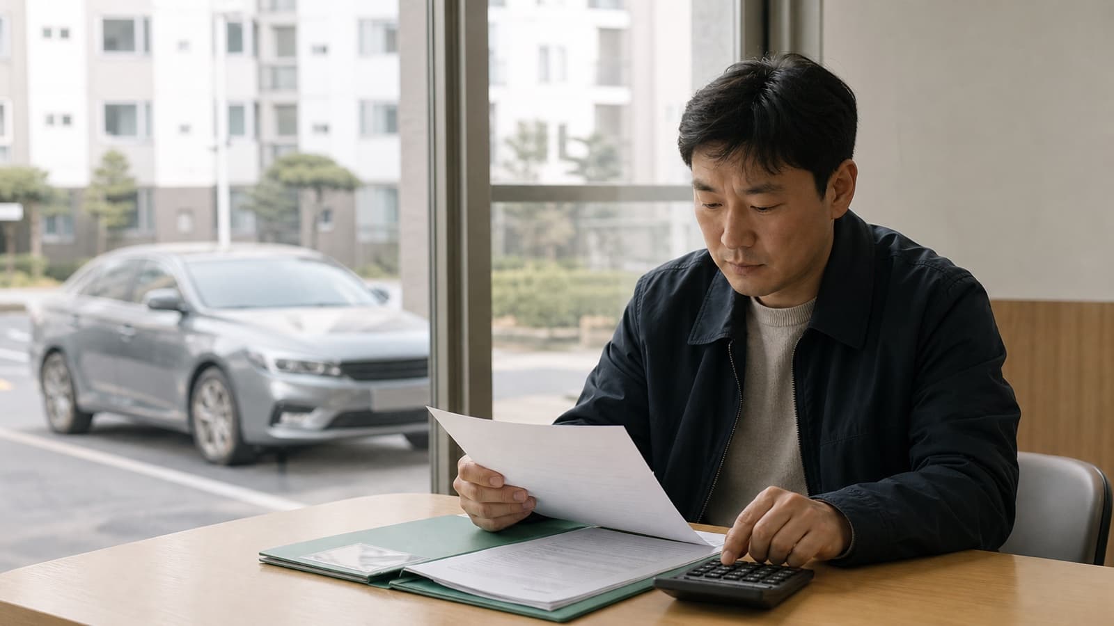 아파트 주차장 옆에서 자동차 등록 서류와 계산기로 자동차세를 확인하는 운전자