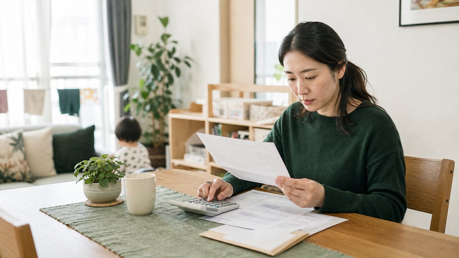 밝은 집에서 자녀장려금 신청을 위해 가계 서류와 계산기를 확인하는 부모