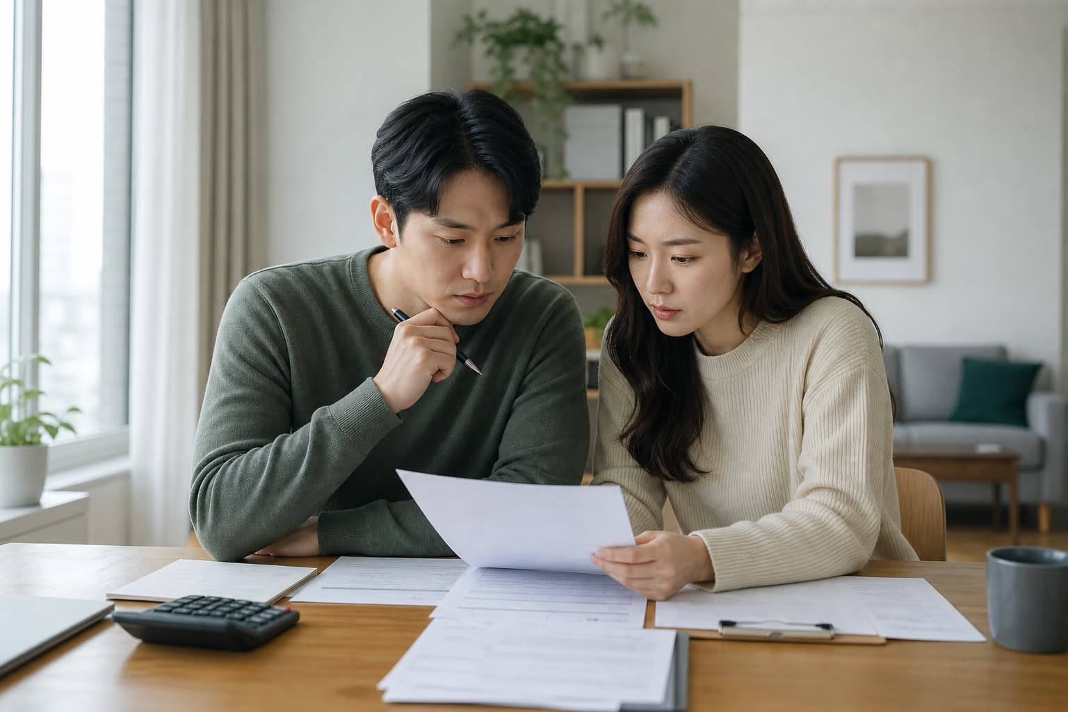 주택 구입 전에 서류와 계산기로 DSR 대출 상환 가능액을 확인하는 부부