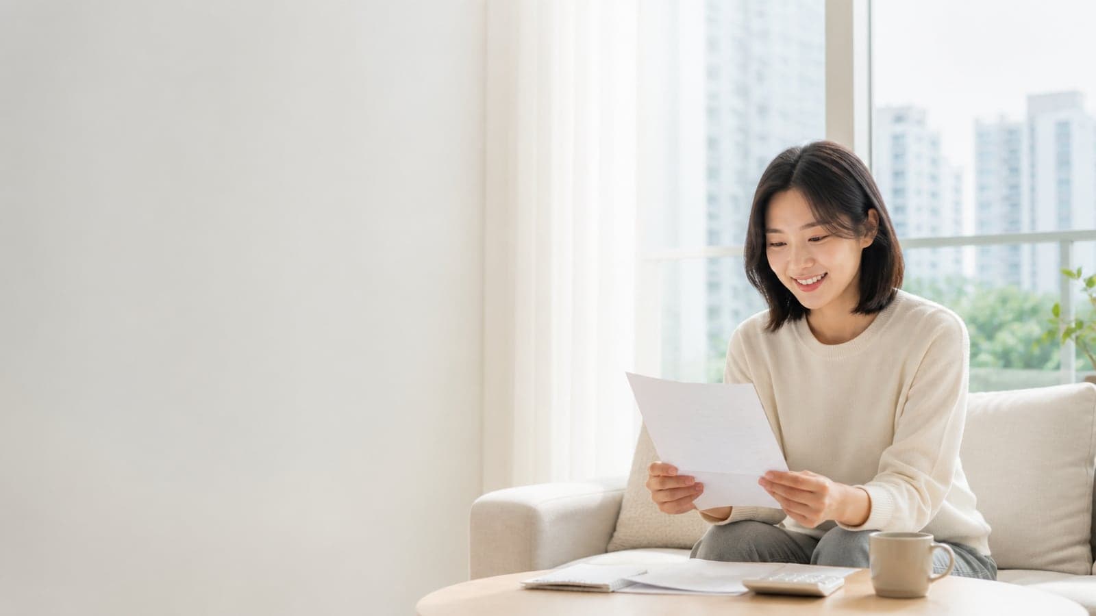 근로장려금 신청을 앞두고 밝은 거실에서 소득 서류와 계산기를 확인하는 근로자