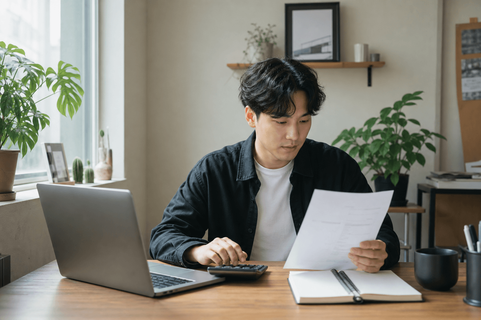 작업실에서 노트북과 계산기로 프로젝트 정산서를 확인하는 프리랜서