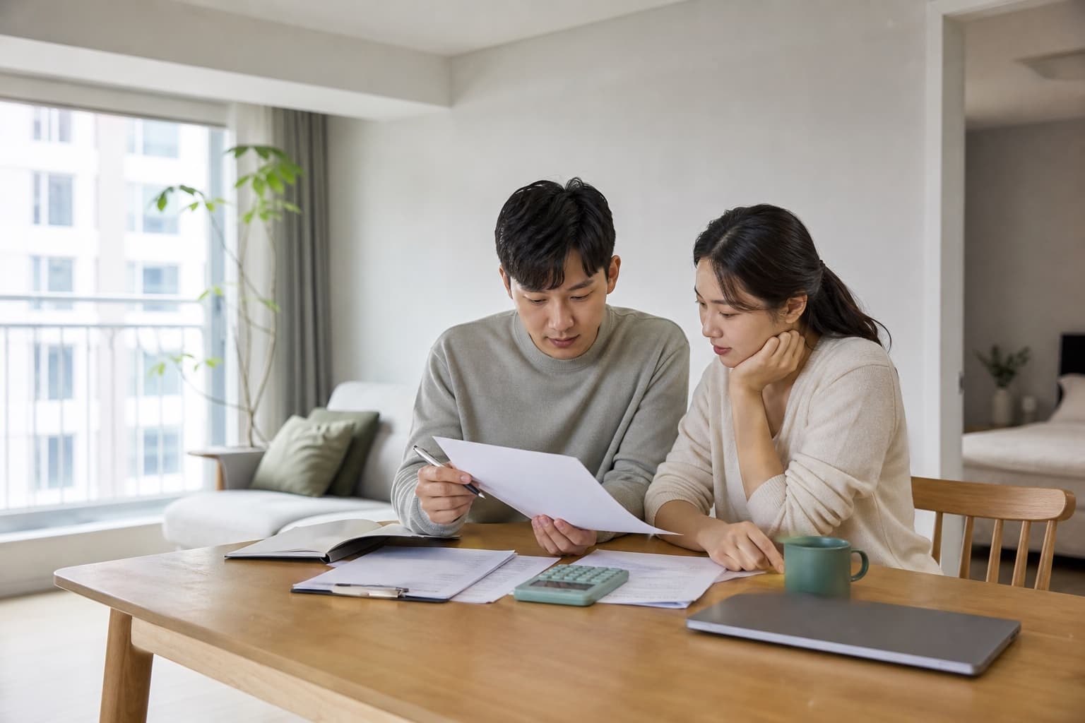 새로 구입한 집의 식탁에서 계약 서류와 계산기를 함께 확인하는 예비 주택 구입 부부