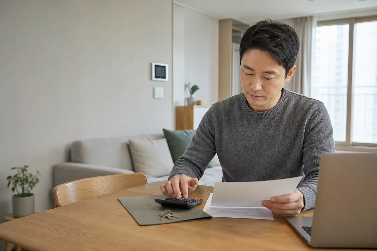 아파트 식탁에서 계산기와 계약 서류로 주택구입 총 필요현금을 확인하는 매수 예정자