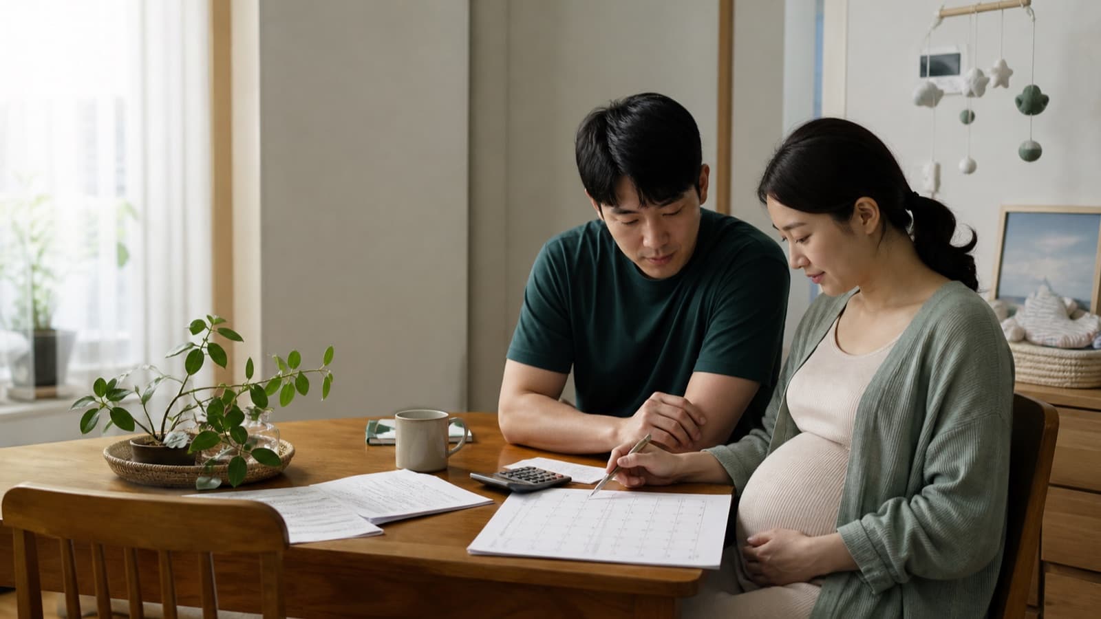 집에서 출산전후휴가 급여와 일정을 함께 확인하는 한국인 예비 부모