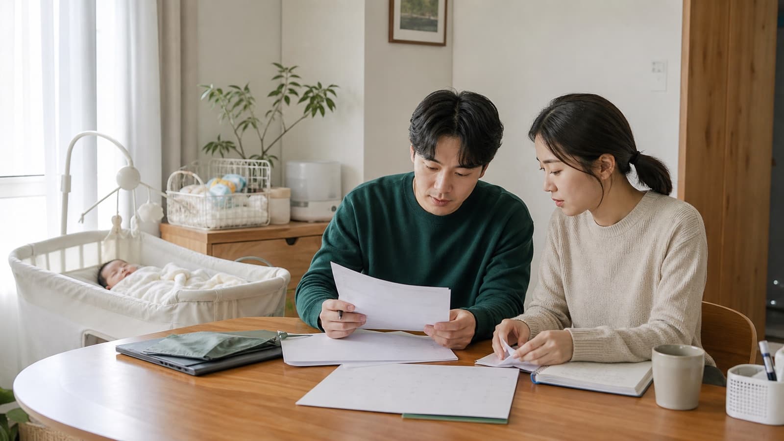 아기 곁에서 부모급여와 아동수당 신청 서류를 함께 확인하는 부모