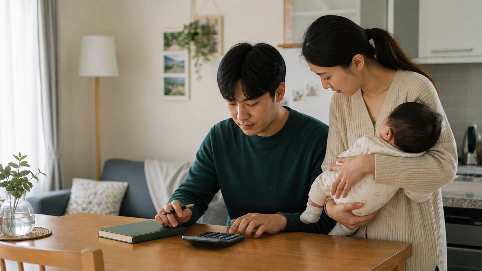 집에서 아기를 돌보며 육아휴직 중 받을 급여를 계산하는 부모