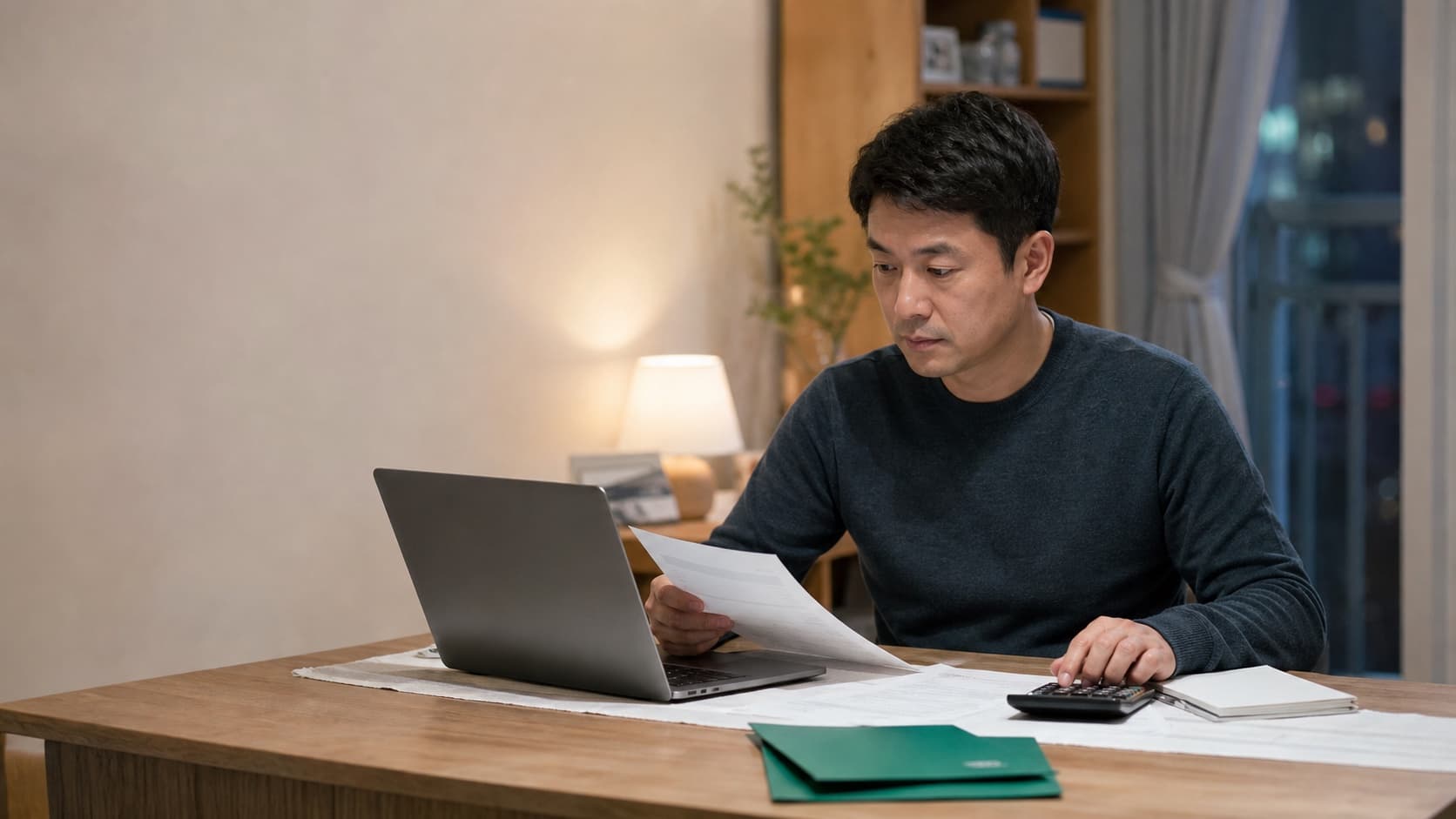 집에서 급여자료와 연말정산 서류를 계산기로 확인하는 직장인