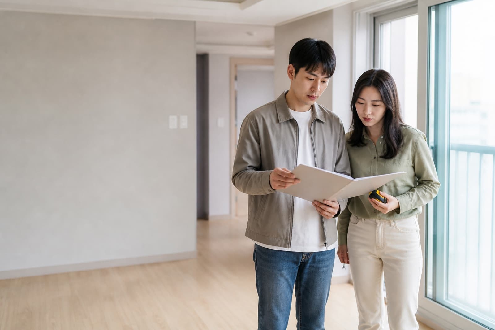 구입할 아파트를 둘러보며 계약 서류와 줄자를 확인하는 예비 주택 구입자